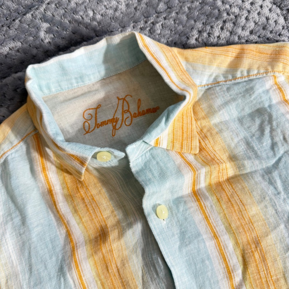 Tommy Bahama Mens Orange Blue Striped 100% Linen Short Sleeve Button Up Shirt M